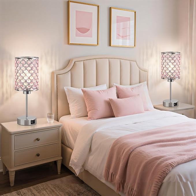 GyroVu Crystal Table Lamp, Pink Touch Lamp with USB C+A Ports, Dimmable Lamp with Crystal Shade, Bedside Lamp Small Lamp for Girl Bedroom, Living Room(Buld Included)