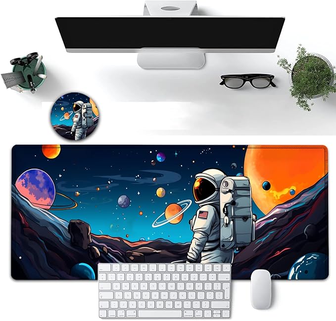 Large Mouse Pad, 31.5 x 11.8in Extended Gaming Mouse Pad with Stitched Edges, XXL Mousepad Protector Non Slip Rubber Base for Office and Home Writing Mat, Anime Space Astronauts Pattern Black Desk Mat