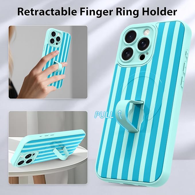 KANGHAR Compatible with iPhone 15 Pro Case, Support for MagSafe, Silicone Stripes Cute Pattern, Wristband Kickstand Camera Protection Soft Slim Cover for Girls Women -Blue