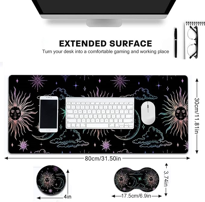 Large Gaming Mouse Pad, 31.5x11.8 in Extended Computer Mouse Mat with Non-Slip PU Base, Ergonomic Memory Foam Keyboard Wrist Rest, for Work & Gaming, Cute Sun Moon Black Office Desk Pad