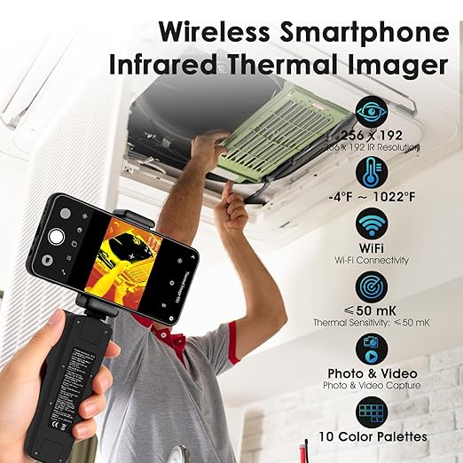 HOLDPEAK Wireless Thermal Imaging Camera for iOS/Android Phones, 256x192 IR Resolution with 1024x768 Visible Thermal Camera, -4°F to 1022°F Portable Heat Camera for Electrical Inspection, HVAC, Home