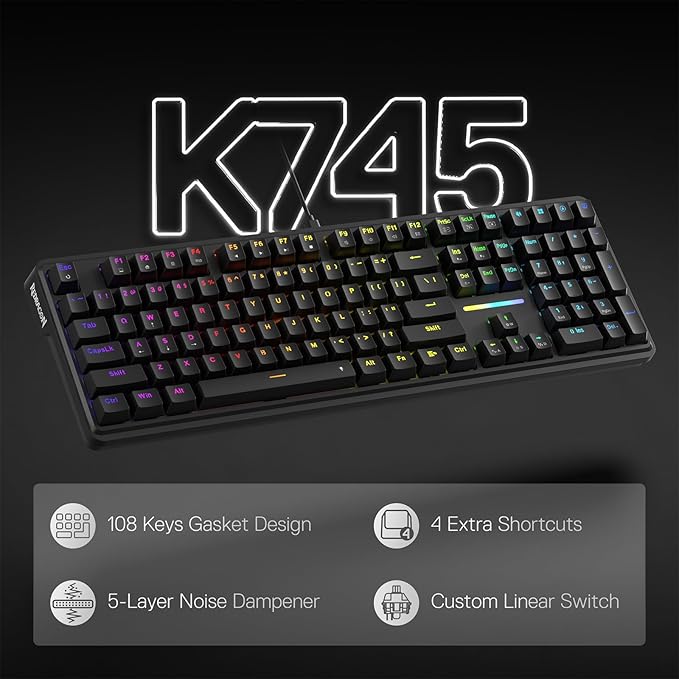 Redragon K745 Wired Gasket RGB Gaming Keyboard, 108 Keys Mechanical Keyboard w/Extra 4 Hotkeys, Upgraded Hot-swappable Socket, 5-Layer Noise Dampening, Creamy & Thocky Custom Linear Switch