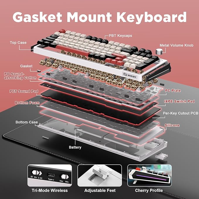 K98 Wireless Mechanical Keyboard,Tri-Mode BT5.0/2.4GHz/USB-C Hot Swappable Custom Keyboard,Gasket Structure,RGB Backlit Gaming Keyboard for Win & Mac(White&Red,Cocoa-V2 Switch)