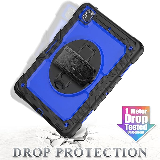 SEYMAC stock Case for iPad Pro 12.9'' 2022/2021/2020/2018 with Screen Protector 360 Rotating Stand Hand Strap, Drop-Proof Case for iPad Pro 12.9''(6th/5th/4th/3rd Generation), Blue/Black