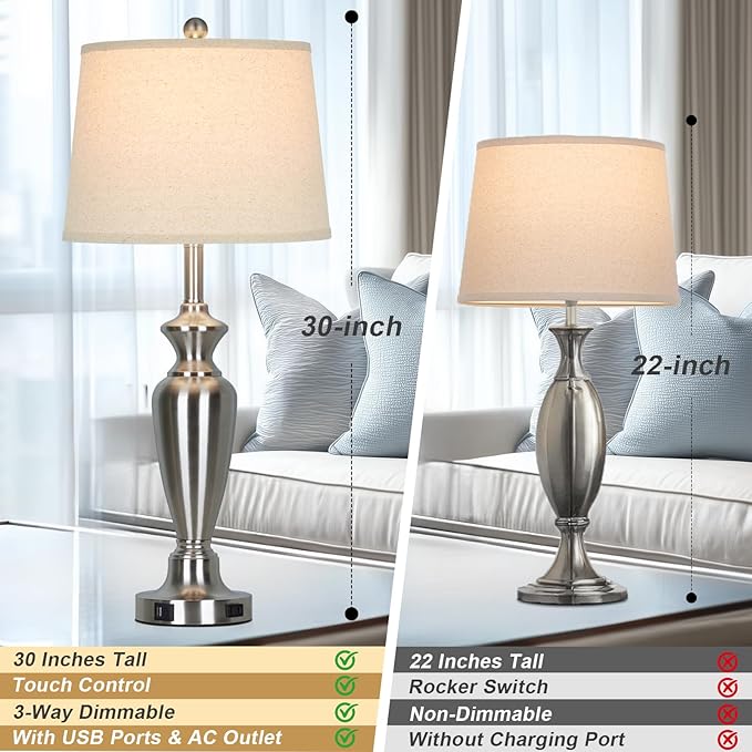 Cinyirong 30" Tall Silver Table Lamps Set of 2 for Living Room, 3-Way Dimmable Touch Control Bedside Lamps for Bedroom Nightstand with USB A+C Ports & AC Outlet (2 LED Bulbs Included)