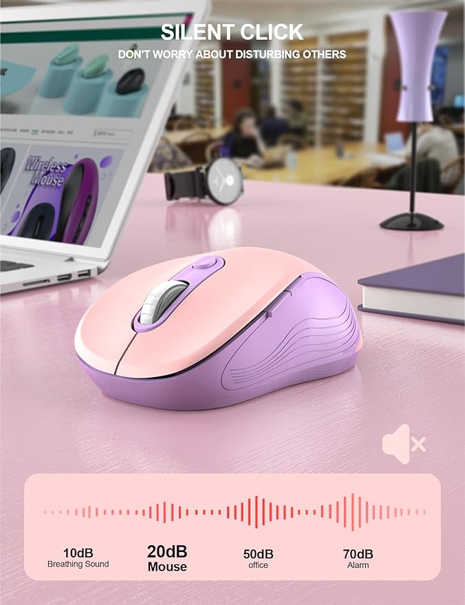 Trueque Wireless Mouse for Laptop, 2.4GHz Ergonomic Computer Mouse with Back & Forward Buttons, 3 Adjustable DPI Levels, 6 Buttons, Optical USB Cordless Mice for Windows PC, M01 (Pink Purple)