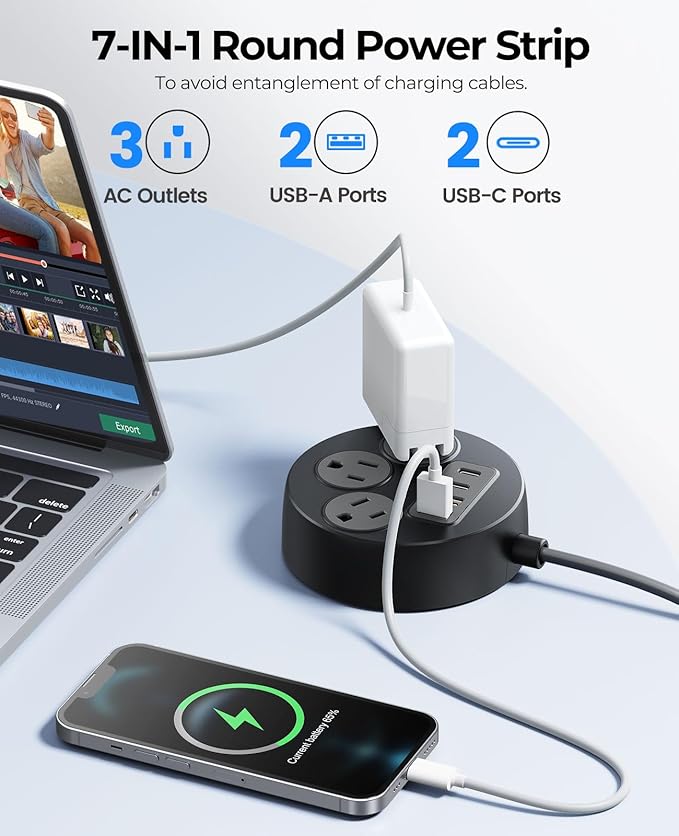 ORICO Multiple Outlets Extension Cord, 7 in 1 Power Strip with 3 AC Outlets 2 USB-A and 2 USB-C Ports, Mountable Outlet Extender, 5 ft Flat Plug Power Strip for Dorm/Office/Home- PSO