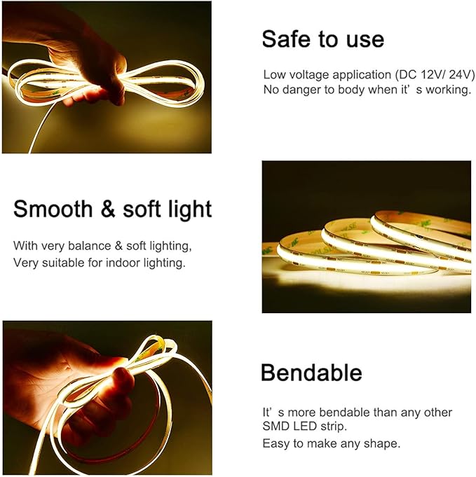 COB LED Strip Light DC12V LED Strip Flexible Super Bright LED Strips 9W/m 2x16.4FT Natural White 4000K CRI 90+ 480LEDs/m High Density Uniform Light for Home Decor No Adapter or Controller
