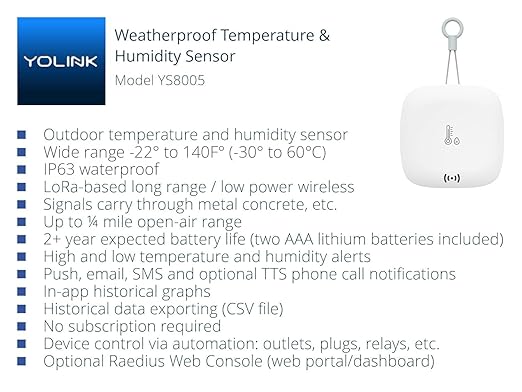 YoLink Smart Outdoor Temperature & Humidity Sensor, Hygrometer, Thermometer, 1000' Long Range, 2 Years Battery Life, Emails, Text/SMS, App Alerts, Alexa, IFTTT Integration. Hub Required!