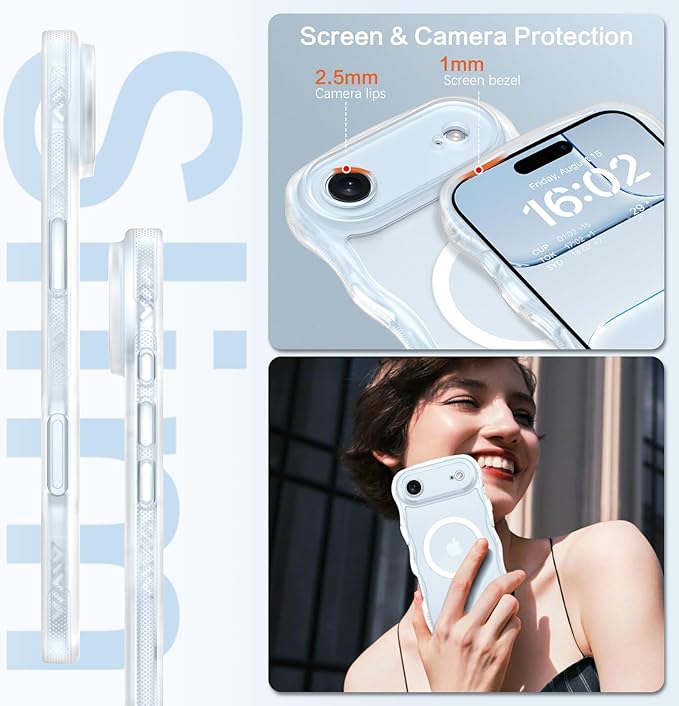 BENTOBEN Magnetic for iPhone Air Case 2025, Cute Wavy [Full Camera Protection] [Compatible with MagSafe] Matte Anti-Slip Bumper Women Girls Boys Protective Cover for iPhone 17 Air 6.5", Clear White