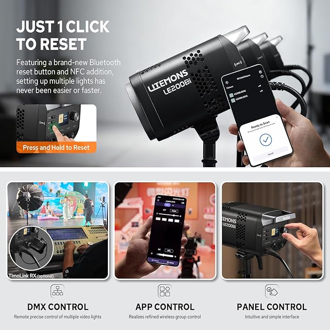 Godox LE200Bi 220W Bicolor LED Video Light, Pro LED Continuous Output Lighting w/Bowens Mount, 57700lux@1m, CRI/TLCI 98+, DMX Control LED Studio Light for Photography Video Recording Streaming