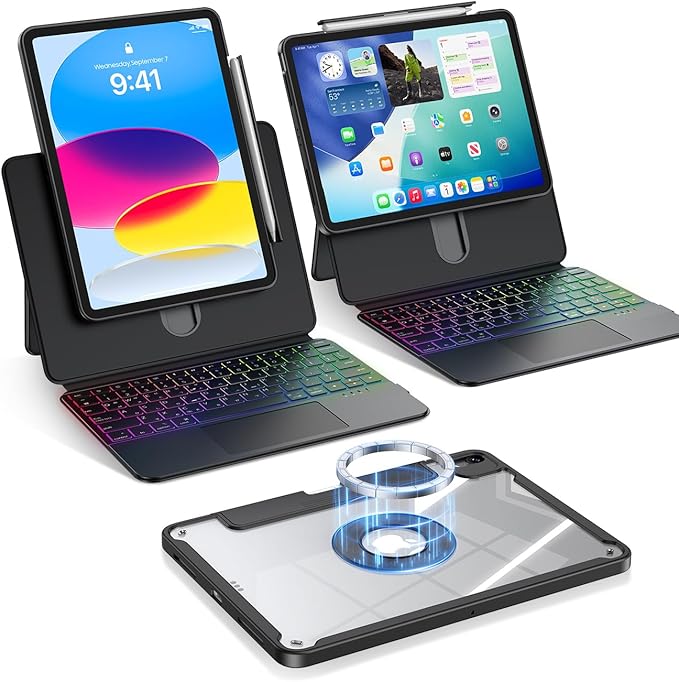 Clear Magnetic Keyboard Case for iPad A16 11th Gen 11" 2025/ 10th Gen 10.9" 2022, 7-Color Backlit & Multi-Touch Trackpad, Detachable 360 Rotation & Up-Down Lift Protective Case w/Stand, Black