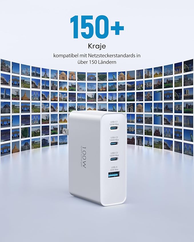 Topadre 100W USB C Travel Charger, 4-Ports Foldable Travel Adapter Plug Converter with UK/EU/AU Plugs,Fast Charging for Macbook Pro/Air,for iPad Pro/iPhone 16/15 Pro Max, for 45w Samsung Galaxy, White