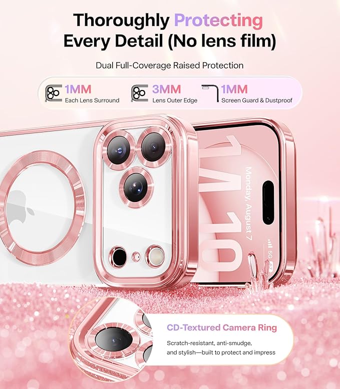 Meifigno Designed for iPhone 17 Pro Case 6.3", [Glitter Card & Wrist Strap][Compatible with MagSafe][2X HD Screen Protectors] Surround Raised Lens Protection for 17 Pro Phone Case for Women, Rose Gold