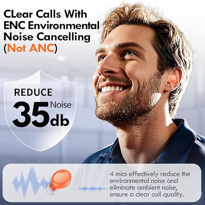 Lanteso True Wireless Bluetooth 5.4 Earbuds, 48H Playtime,Light Weight Headphones in Ear Buds Built in Mic Headset Premium Sound with Deep Bass,Clear Calls Earphones for Sports Workout Orange