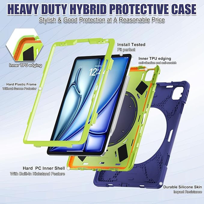 SCSVPN Case for iPad Air 13 inch M4 2026/ M3 2025/M2 2024 & iPad Pro 12.9'' 6th/5th/4th/3rd Generation 2022 2021 2020 2018, Protective Cover with Pencil Holder-Stand-Handle-Shoulder Strap, Navy Green