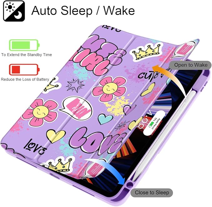 May Chen for iPad Pro 13 Inch Case M5 2025 / M4 2024, Built Pencil Holder & Clear Transparent Print Back Shell Slim Stand Shockproof Tablet Cover, Auto Wake/Sleep, Cute Girl Pattern