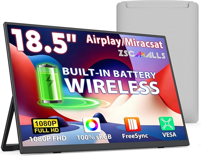 18.5" True Wireless Portable Monitor, 1080P FHD, 10000mAh Battery, Wireless Screen Mirroring (AirPlay/Miracast), Auto Rotation for Phone/Tablet, USB‑C & Mini HDMI, VESA, Protective Sleeve Included