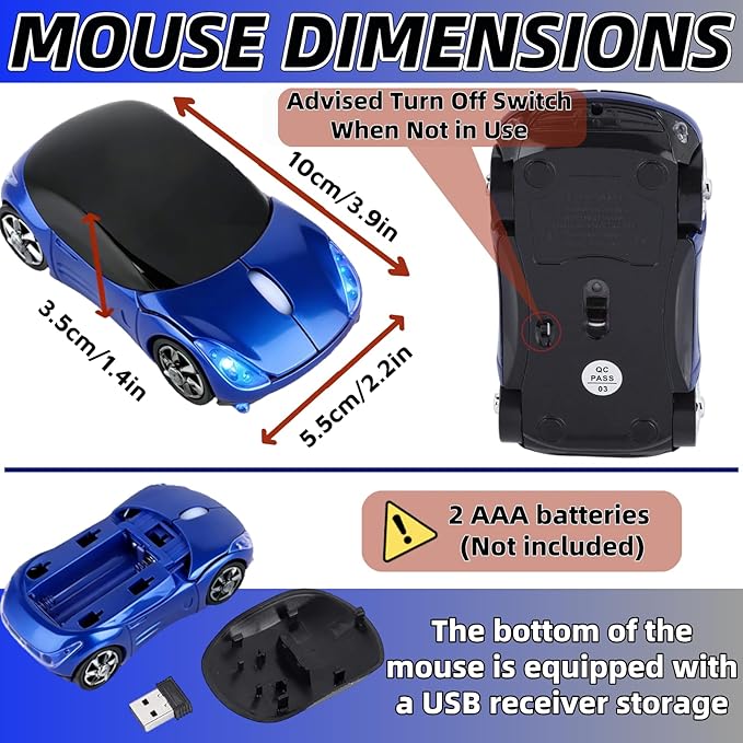 Blue Wireless Mouse，Mini Car Computer Mouse，1600DPI 2.4G with USB Receiver, Ergonomic Cute Computer Mice for Laptop, PC, Windows, Mac OS (Blue)