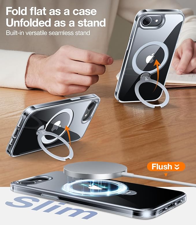 TORRAS 360 Spin for iPhone 17e Case & iPhone 16e case with Stand, Fit for MagSafe, 4X Military-Grade Protective, Stand Phone Case for iPhone 17e Case, Ring Holder Slim Cover, Crystal Clear 6.1''