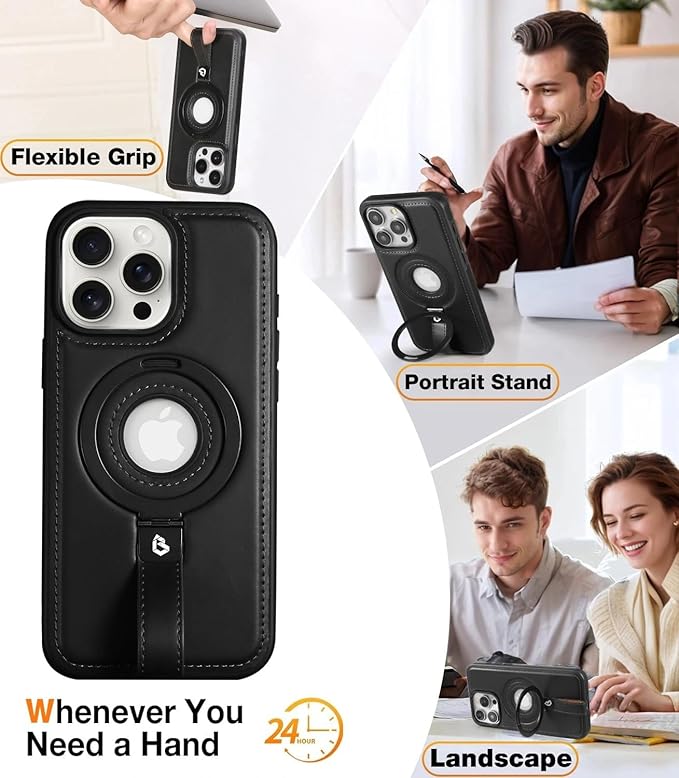 Butaiga for iPhone 15 Plus/iPhone 14 Plus Leather Case with Stand, Anti-Slip Grip Ring, Fits for MagSafe (Black, iPhone 15/14 Plus)