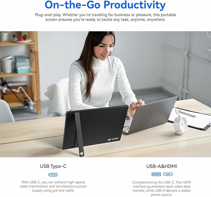 Veout 16" 1920×1200P IPS Portable Monitor for Laptop, Side/Vertical Monitor with Stand, USB-C & Mini HDMI, Second Screen for PC, MacBook, Phone & iPad, 4 Colors for Travel & Office