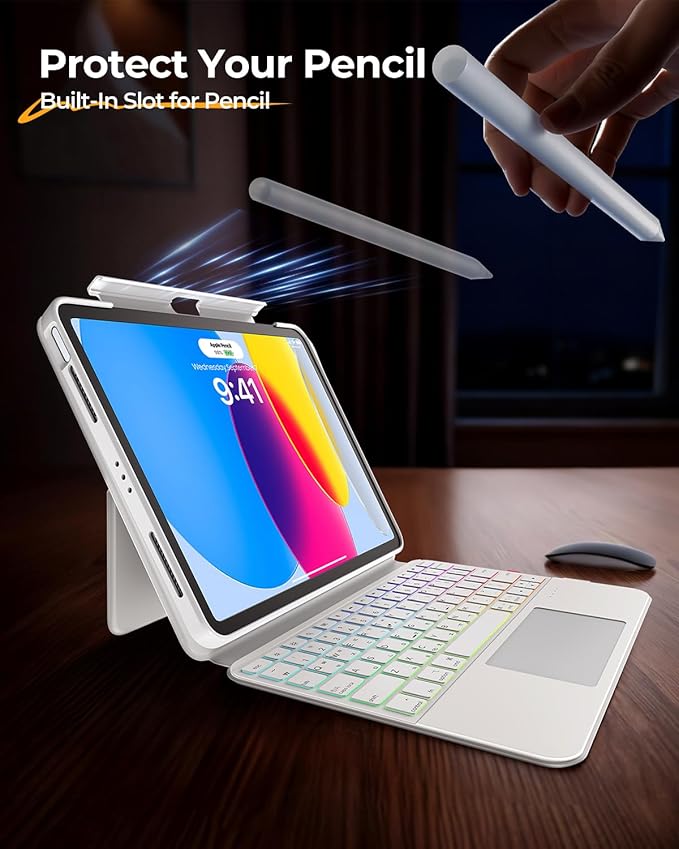 Keyboard Case for iPad A16 11th Gen 11" 2025/ 10th Gen 10.9" 2022, Clear Detachable Magnetic 360 Rotatable & Liftable Cover, 7-Color Backlit, Native Gesture Trackpad, 180 Kickstand, White