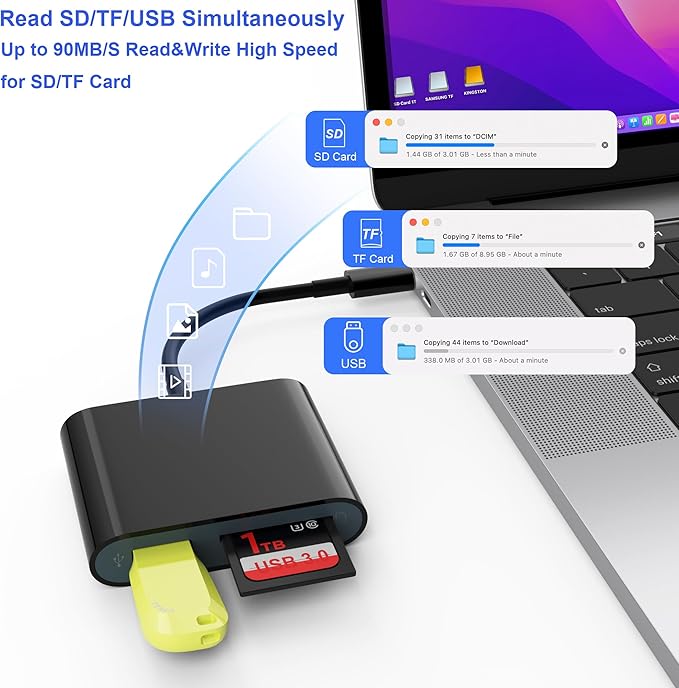 SD Card Reader, USB 3.0 Type C High Speed to SD/TF Card Adapter for iPhone 17/16/15 Pro Max Memory Card Reader with SD MicroSD USB 3 Port for Mac/iPad/MacBook Pro/Air Android Phone Tablet (Black)