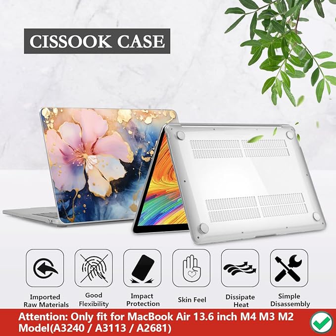 CISSOOK Compatible with MacBook Air 13.6 inch Case M2 M3 M4 M5 Release 2026 2025 2024 2023 2022, Hard Shell Case Keyboard Cover for MacBook Air 13 inch A3449 A3240 A3113 A2681, Marble Flower
