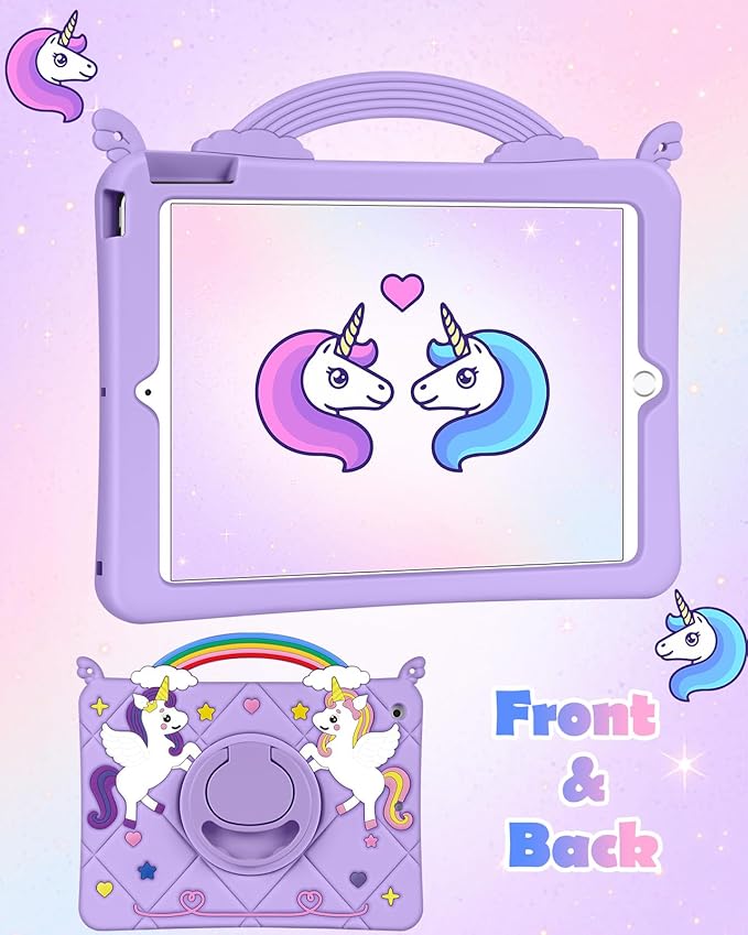 Uppuppy for iPad 9th/8th/7th Generation Case 10.2 Inch - Cute Girls Kawaii Cover Girly 3D Cartoon Teen with Rotating Stand & Strap Purple Soft Silicone Cases for iPad 7/8/9 Gen 2021 2020 2019