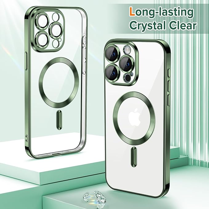 Hython Magnetic Clear for iPhone 15 Pro Max Case with Camera Lens Protector [Compatible with MagSafe] Plating Edge Slim Soft TPU Cover Protective Phone Case for iPhone 15 Pro Max 6.7", Deep Green