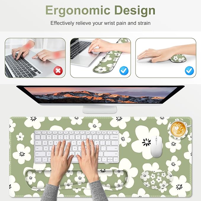 Large Gaming Mouse Pad Set, 4 in1 Ergonomics Keyboard Desk Mat w/Memory Foam Wrist Rest, Computer Extended Game Mousepad, Non-Slip Desk Matt Pad Easy Typing Pain Relief I Green Lucky Florals