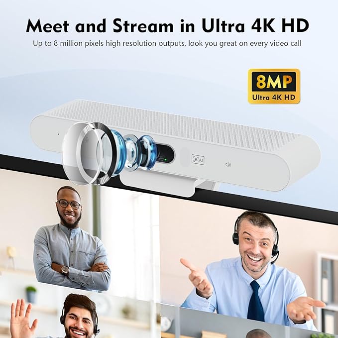 TOALLIN 3-in-1 4K Conference Webcam with Mic and Speaker, AI Auto-Framing & Speaker-Tracking, USB Video Bar, All-in-One Video Conference Camera for Online Meetings, Video Calls
