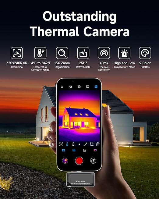 REVASRI Thermal Camera for Type-C iPhone & Android Device, 320x240 Super Resolution, 15x Digital Zoom, 25Hz Thermal Imaging Camera for Water Leak Detection,HVAC Electrical Plumbing, Home Inspection