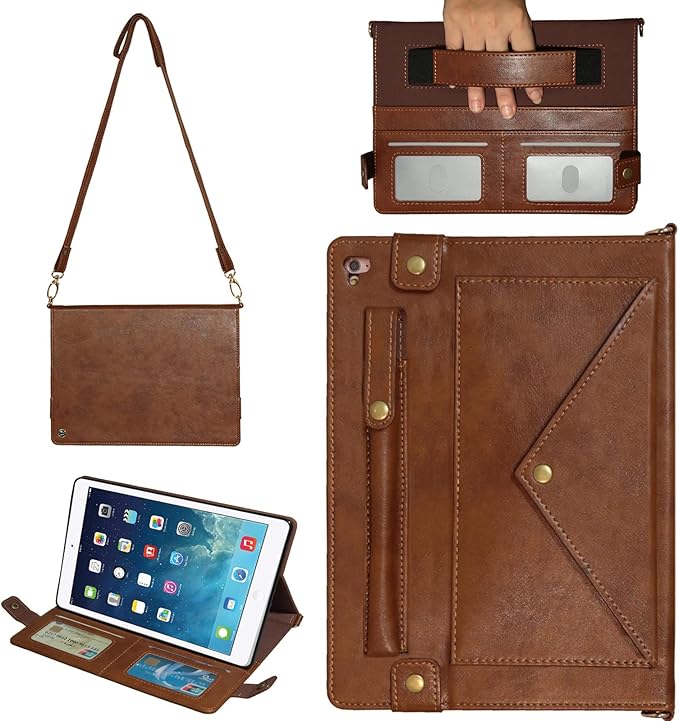 Handbag Case for Apple iPad 5/iPad 6 9.7", iPad Air 1st/2nd Generation Cases, Techcircle Folio Stand Crossbody Wallet Case with Pencil Holder, Hand Strap & Shoulder Strap Soft Protective Cover, Coffee