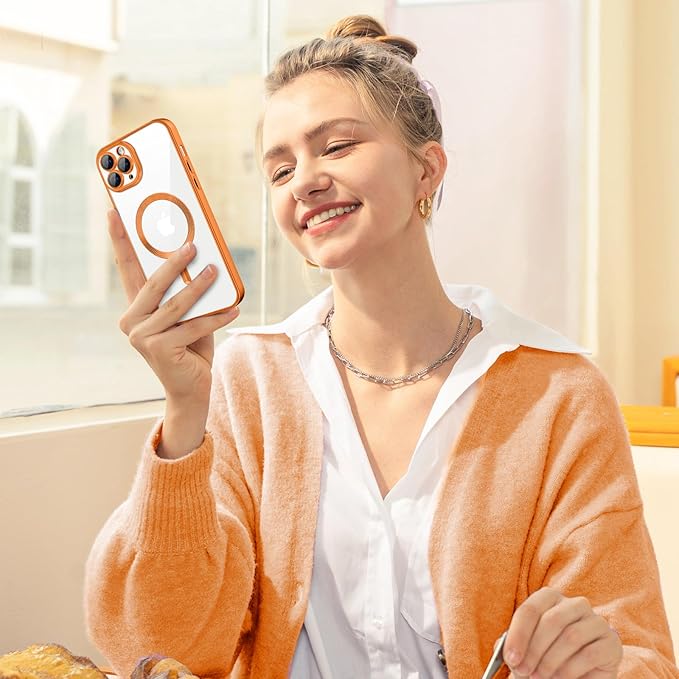 Hython Magnetic Clear for iPhone 11 Pro Max Case with Camera Lens Protector [Compatible with MagSafe] Plating Edge Slim Soft TPU Cover Protective Phone Case for iPhone 11 Pro Max 6.5", Matte Orange