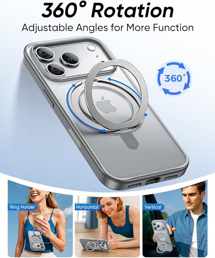 MAGIC JOHN 360° Rotatable Magnetic Invisible Stand for iPhone 17 Pro Max Case [Camera Control Button] [Compatible with MagSafe] 16FT Shockproof for iPhone 17 Pro Max Case with Kickstand, Gray