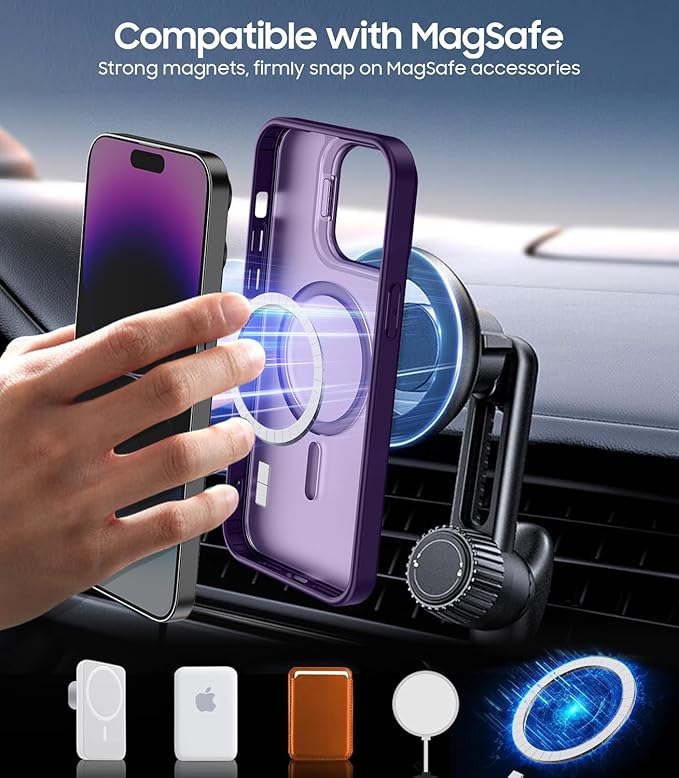 TOBOVON for iPhone 14 Pro Case, Compatible with MagSafe, Built-in Camera Ring Stand, with Individual Camera Cover, Translucent Matte Military-Grade Drop Protection Magnetic Case, Purple