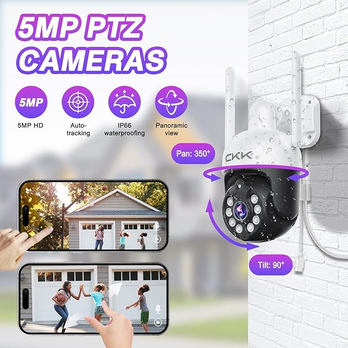 CKK [5G/2.4G WiFi, Upgrading 3K] 2Pcs Wireless Outdoor Security, CCTV PTZ Cameras with 5G/2.4G WiFi,3K 10-Channel NVR,Floodlights,Siren, 2-Way Audio, Color Night Vision, 24/7 Surveillance