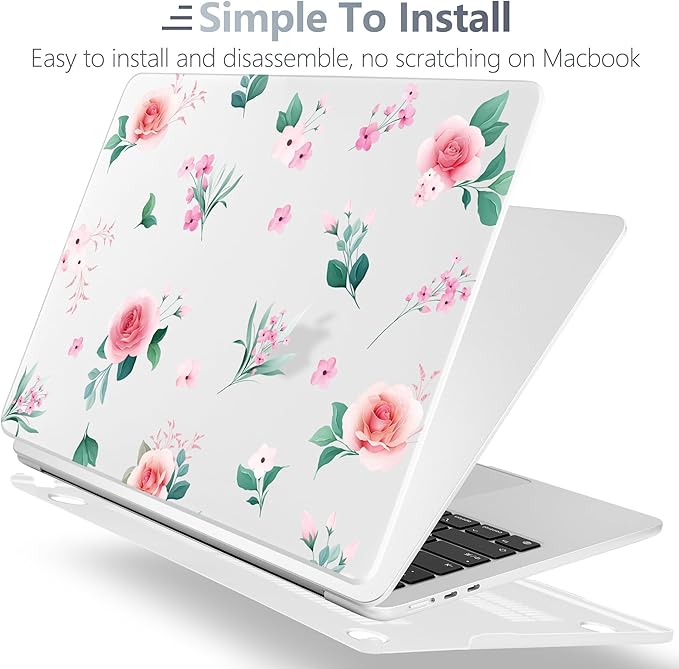 Batianda Premium Case for New MacBook Air 15 inch with M5 M4 M3 M2 Chip 2026 2025 2024 2023 Release, Floral Ultra-Slim 1.2mm Hardshell & Keyboard Cover & Screen Protector 4-in-1 Bundle, Pink Rose