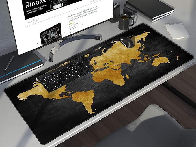 Rinaze Mouse Pad Desk Mat, Multifunctional Large Gaming Mousepad, Office Desk Pad with Washable Durable Design, Keyboard Pad in Black World Map