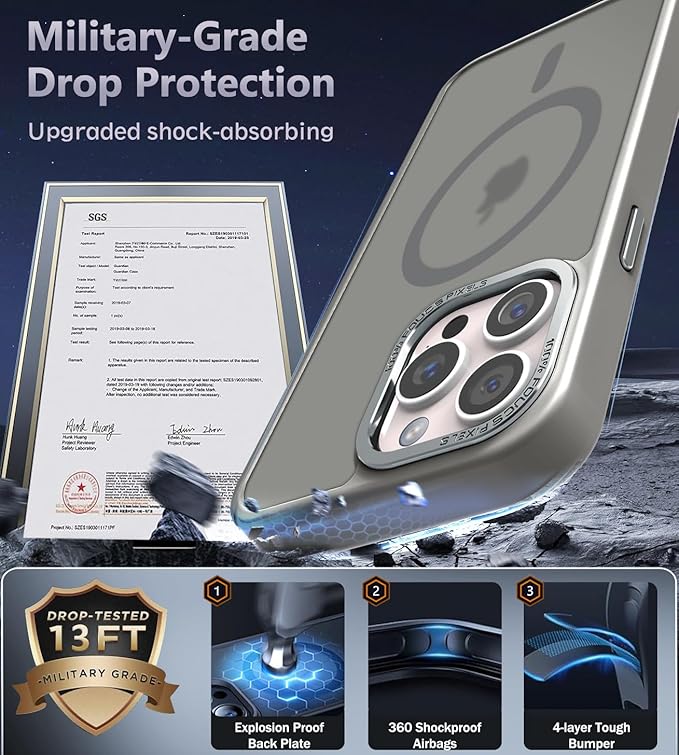 Newfuture Magnetic for iPhone 15 Pro Case [Compatible with Magsafe] [Military Grade Drop Protection] Translucent Matte Anti-Fingerprint Shockproof Phone Case for iPhone 15 Pro 6.1 inch, Titanium Gray