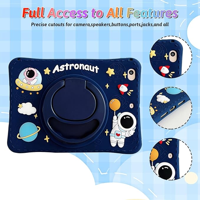 Dteck for iPad 10.9" 10th Generation Case Kids,Cute Cartoon 3D Unique Design Light Rotating Handle Stand Shoulder Strap Soft Silicone Funda Drop Rugged Shockproof Protective Kid-Proof Case,Spaceman
