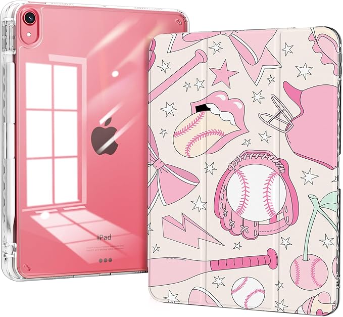 Case for iPad 11th Generation A16 Chip 2025, Slim iPad 10th Generation Case 10.9 2022 with Pencil Holder, Protective Lightweight Transparent Clear Back Cover, Trifold Stand, Pink Baseball