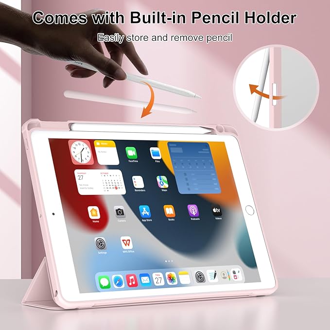 JKSML Case for iPad 9th/8th/7th Generation 10.2 Inch, Case with Pencil Holder for iPad 9/8/7 2021/2020/2019, Hard Back Cover, Auto Wake/Sleep, Pink