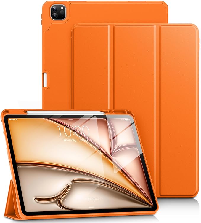 DTTO for iPad Air 13 Inch Case M4/M3/M2 2026/2025/2024, iPad Pro 12.9 Inch Case (6th/5th/4th/3rd Gen), Smart Slim Trifold Stand Soft Cover with Pencil Holder, Orange