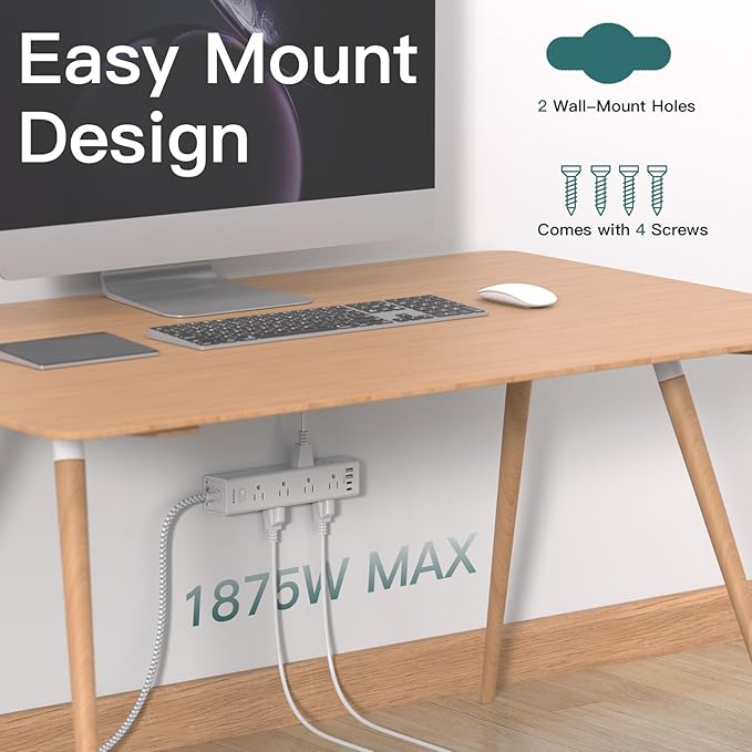 Surge Protector Power Strip - 10 FT Extension Cord, Power Strip with 12 Widely AC Outlet 4 USB, Flat Plug Wall Mount Overload Protection, 1050J, Desk Charging Station for Home Office, ETL Listed,White