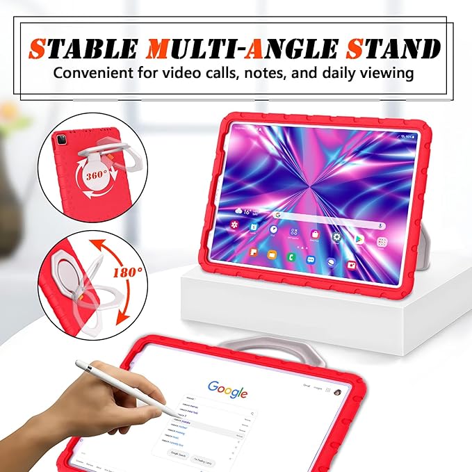 Case for iPad Pro 12.9 6th/5th/4th/3rd Gen, Heavy Duty Shockproof EVA Foam Protective Cover with 360° Rotating Stand, Stable & Lightweight, for Kids, Work, Travel & Creative Use - Red