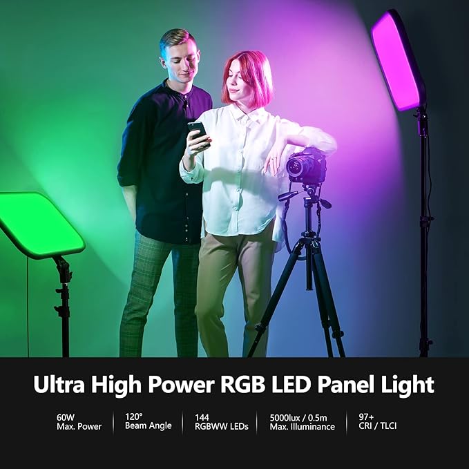 NEEWER RGB168 18.3" RGB LED Video Panel Light with App Control, Bluetooth, 2 Pack Tripod Stand Kit, 60W/360° Full Color/2500-8500K/CRI97+, Studio Photography/YouTube/Game Streaming
