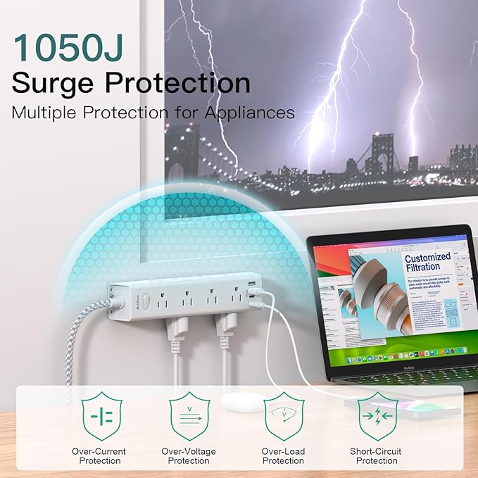 Surge Protector Power Strip - 15 FT Extension Cord, Power Strip with 12 Widely AC Outlet 4 USB, Flat Plug Wall Mount Overload Protection, 1050J, Desk Charging Station for Home Office, ETL Listed,White
